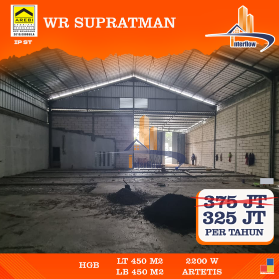 Gudang disewakan di WR Supratman, Semarang, dengan luas tanah 450 m², listrik 2200 Watt, dan air artetis.