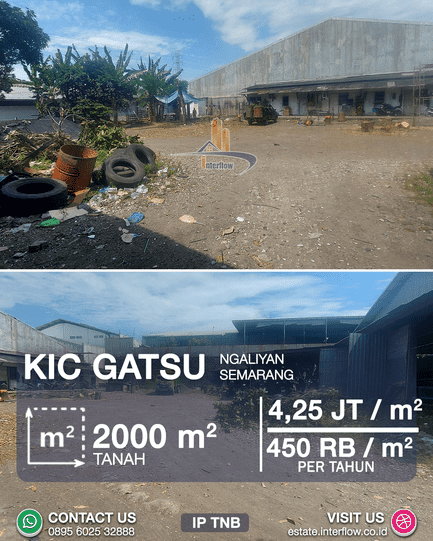 Lahan industri 2.000 m² di Kawasan Industri Candi Gatsu Ngaliyan Semarang, tersedia untuk dijual atau disewakan, cocok untuk gudang, pabrik, dan usaha logistik.